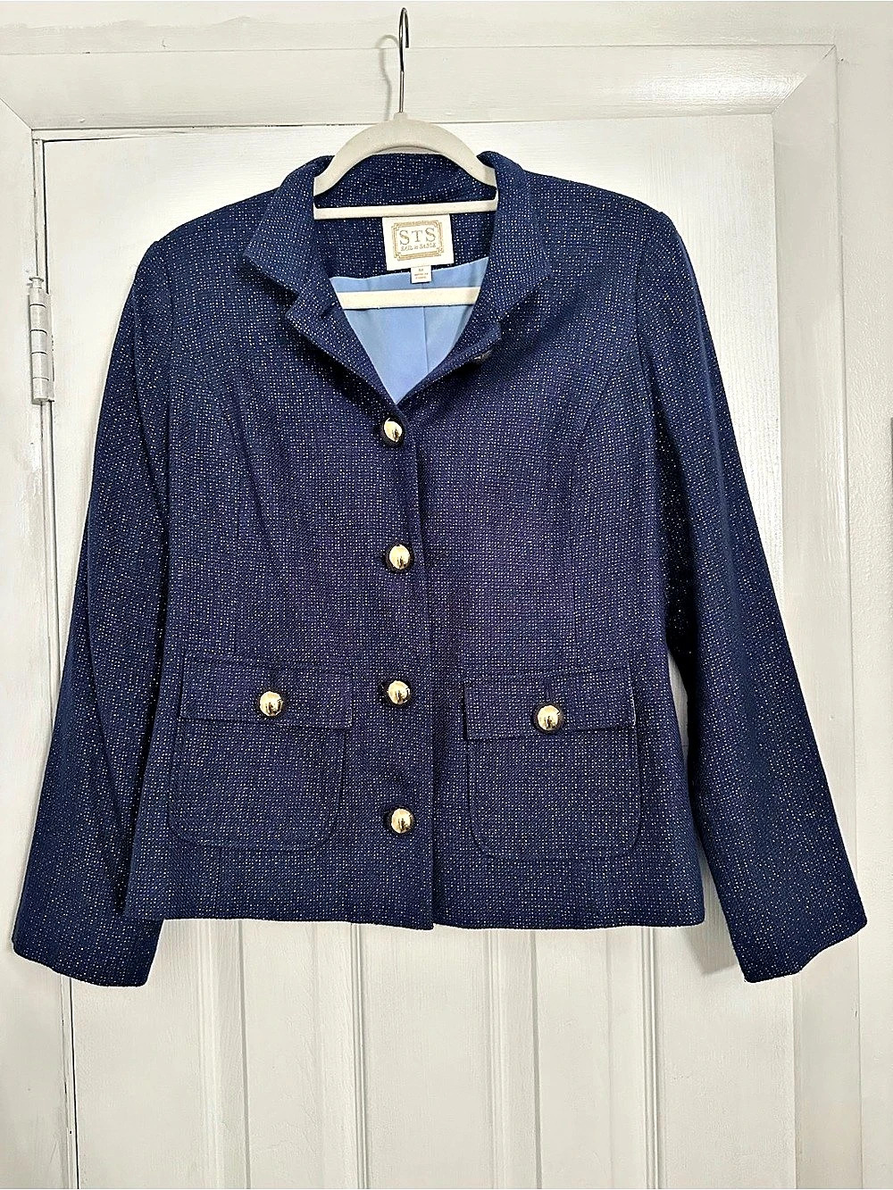 Sail to Sable Women's Navy Metallic Thread Blazer Gold Statement Buttons Size M